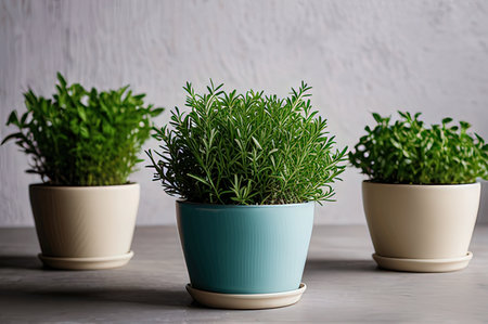 Fresh rosemary and thyme herbs in ceramic pots on gray backgroundの写真素材