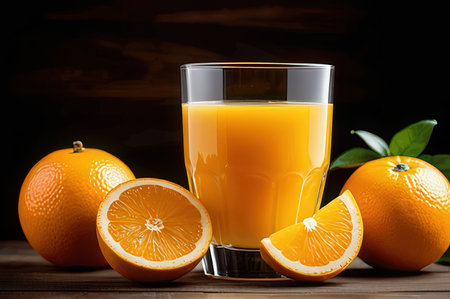 Glass of orange juice with fresh oranges on wooden table. Black background.の写真素材