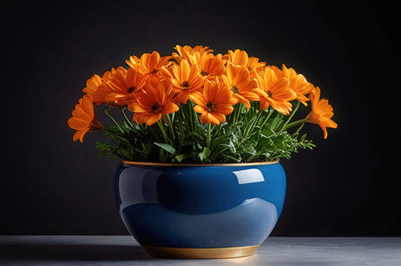 Beautiful orange flowers in a blue vase on a black backgroundの写真素材