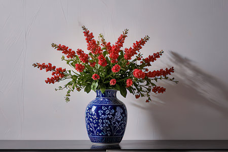 Bouquet of red flowers in a blue vase on a wooden tableの写真素材
