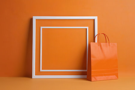 Orange shopping bag and white frame on orange background. Copy space.の写真素材
