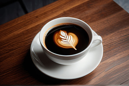 cup of coffee with latte art on wooden table in coffee shopの写真素材