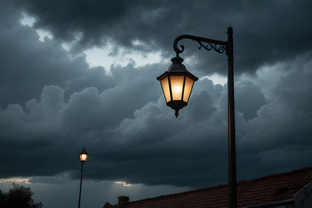 Lantern on a dark stormy sky background with dramatic clouds