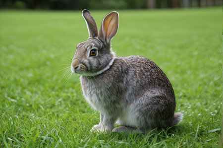 Cute rabbit sitting on the grass in the park and looking at camera