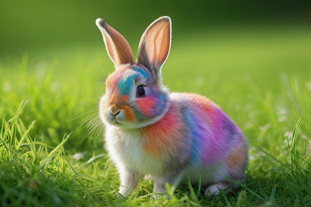 Cute little bunny on green grass. Easter background. Selective focus.の写真素材