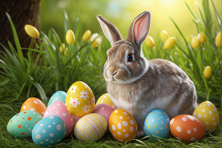 Easter bunny with colorful eggs on green grass. Happy Easter concept.