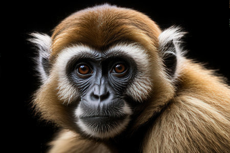 Close up portrait of a gibbon on a black background, isolatedの写真素材