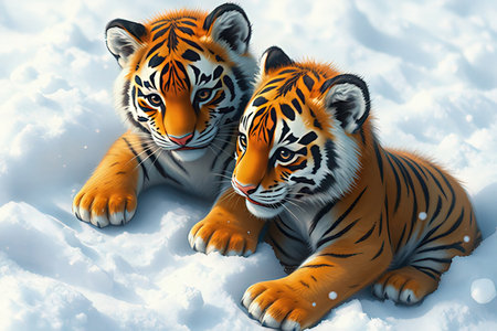 Two tiger cubs lying on the snow in winter. 3D illustration.