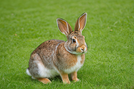 Rabbit on green grass in the garden. Animal in the nature.