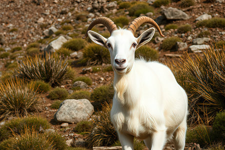 White goat with long horns in the mountains of the Andes.の写真素材