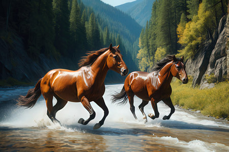 Two horses running in the mountain river. 3D Rendering.