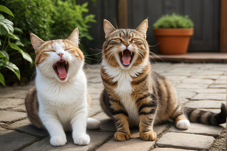 Two cats sitting on the pavement and yawning in the garden.の写真素材