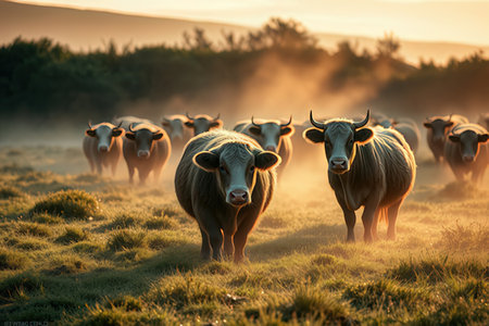 Herd of cows on a misty meadow at sunset.の写真素材