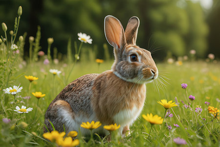 Cute rabbit sitting in the meadow with daisies.