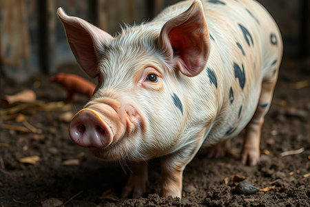 Portrait of a cute little pig in a pigsty. Farm animals.の写真素材