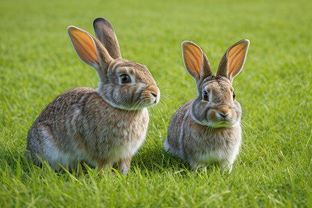 two rabbits sitting on the green grass in the meadow, close upの写真素材