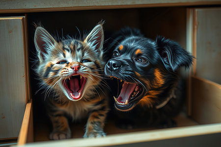 Cat and dog in the wooden box. Dog is yawning.