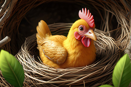 chicken in the nest with green leaves. 3d illustration.の写真素材
