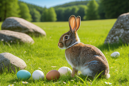 Easter bunny and eggs on the green grass in a meadow