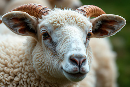 Sheep head close up. Portrait of a sheep with horns