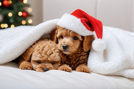 Cute dog in santa hat on bed with christmas treeの写真素材