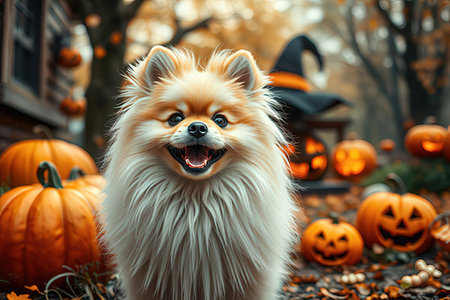Pomeranian Spitz dog in front of Halloween pumpkins.の写真素材