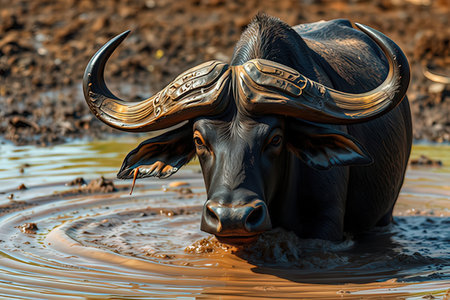 African buffalo in water, Kruger National Park, South Africa; Specie Syncerus caffer family of Bovidaeの写真素材