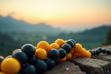 Beads on the background of the mountains. Selective focus.