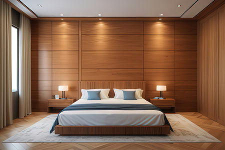 Interior of modern bedroom with wooden walls, wooden floor and comfortable king size bed. 3d renderingの写真素材
