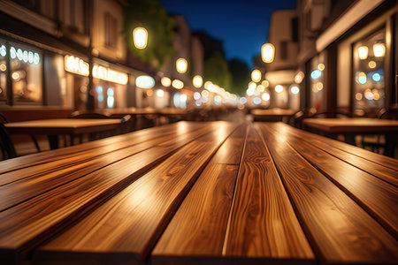 Empty wooden table in front of a cafe with bokeh backgroundの写真素材