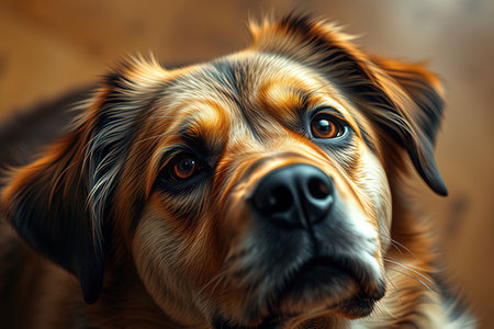 Portrait of a dog on a brown background. Close-up.の写真素材