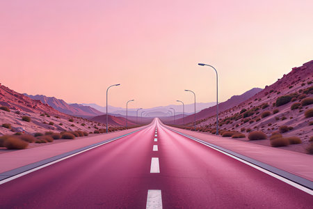 Asphalt road in the desert at sunset. 3d rendering.の写真素材