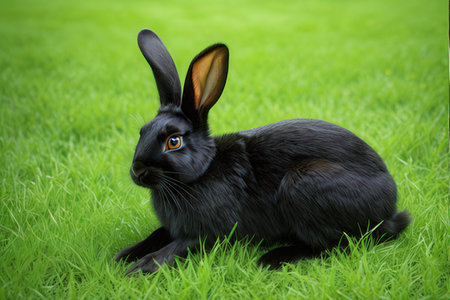 Black rabbit on green grass background. Easter holiday concept. Space for text.の写真素材