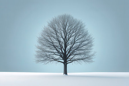 3D rendering of a winter landscape with a tree in the foregroundの写真素材