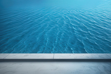 Blue swimming pool background with wooden floor. 3d render illustration.の写真素材