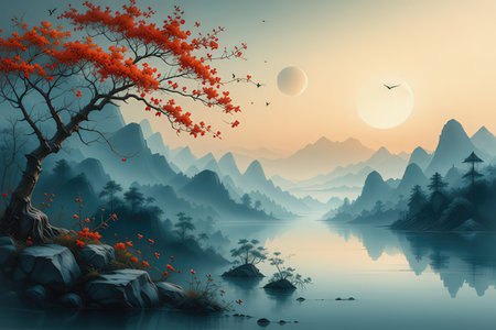 Beautiful landscape with mountains and lake in the morning, illustration.の写真素材