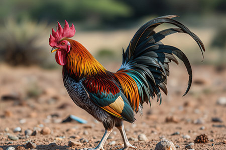 Beautiful rooster with colorful plumage standing on ground in natureの写真素材
