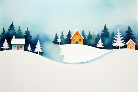 Winter landscape with houses and pine trees. Hand drawn vector illustration.の写真素材