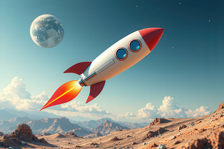 Rocket flying in the sky. 3D illustration. Elements of this image furnished by NASAの素材