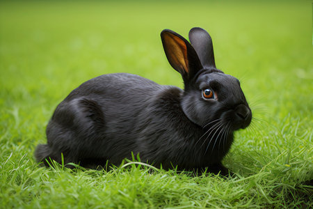 Black rabbit on green grass background with copy space for your text.の写真素材
