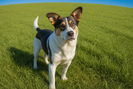 Portrait of a purebred dog on a background of green grassの写真素材