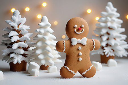 Gingerbread man and Christmas tree on white background. Christmas and New Year concept.
