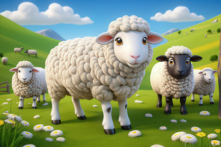 Sheep on the green meadow with camomiles and blue sky