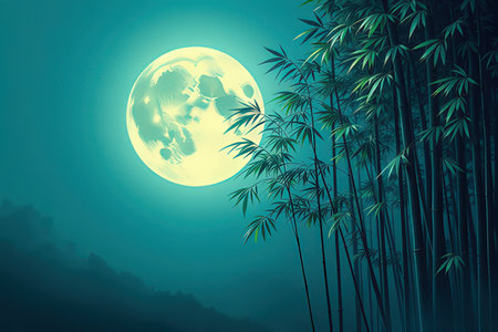 Bamboo forest at night with full moon. Vector illustration for your designの写真素材
