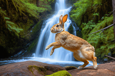 Red hare jumping in front of a waterfall in the forest.の写真素材