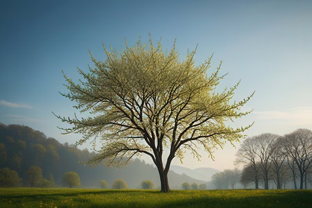 Spring landscape with blooming tree and green meadow. 3d renderの写真素材