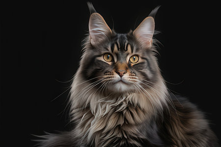 Portrait of beautiful long-haired Maine Coon cat on black backgroundの写真素材