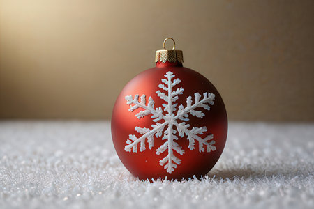 Red christmas ball with white snowflake on white snow background.の写真素材