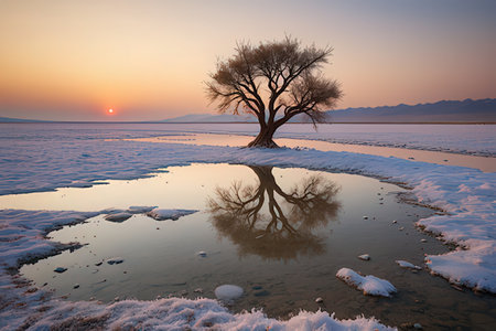 Lonely tree in the salt lake at sunset. Beautiful winter landscapeの写真素材
