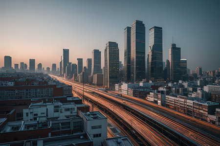 Shanghai city skyline at dusk with traffic on the road.の写真素材